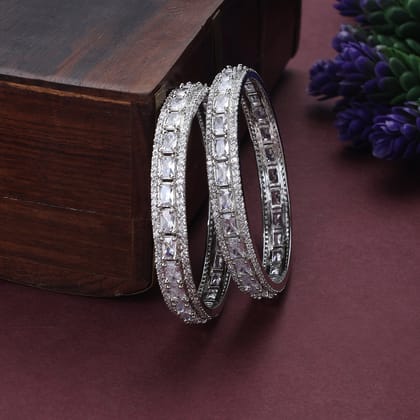 Crystal Cubic Zirconia Rhodium Bangles (Pack of 2)-White / Rhodium / 2.4