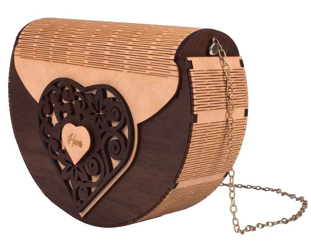 Handcrafted Wooden Heart Engraved Handbag with Gold Chain Strap - Stylish Eco-Friendly Crossbody Bag for Perfect Rakhi Festival Gift for sister