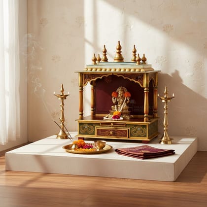 Indian Painted Wooden Pooja Temple-Wall Mandir