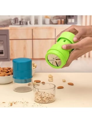 Manual Nut and Dry Fruit Chopper, Twist-Action Kitchen Slicer with Clear Container, Green and Blue