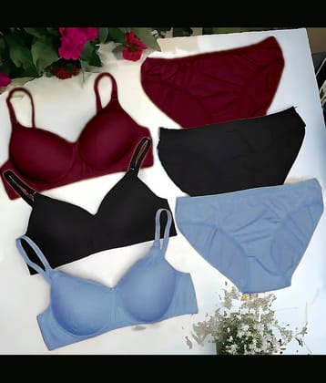 EASTERN CLUB Pack of 3 Cotton Blend Bra & Panty Set For Women ( Multicolor )