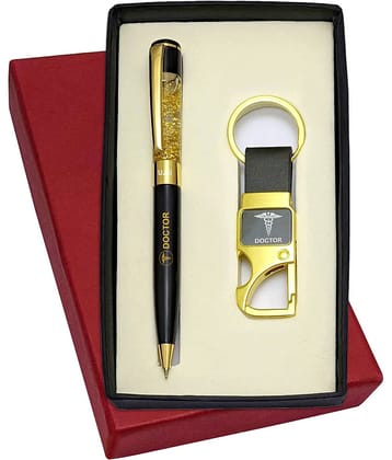 UJJi Doctor Logo Printed Golden Gel Filled Brass Body Ball Pen & Hook Keychain