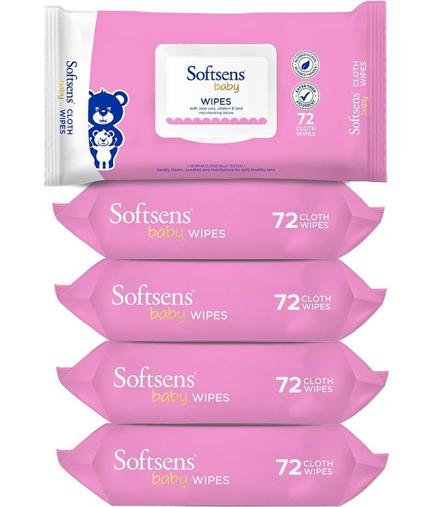 Softsens Baby Gentle Cloth Wipes Enriched with Aloe Vera , Vitamin, 72 Wipes, Pack of 5