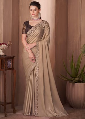 Safari Beige Woven Satin Silk Saree With Embroidered Blouse