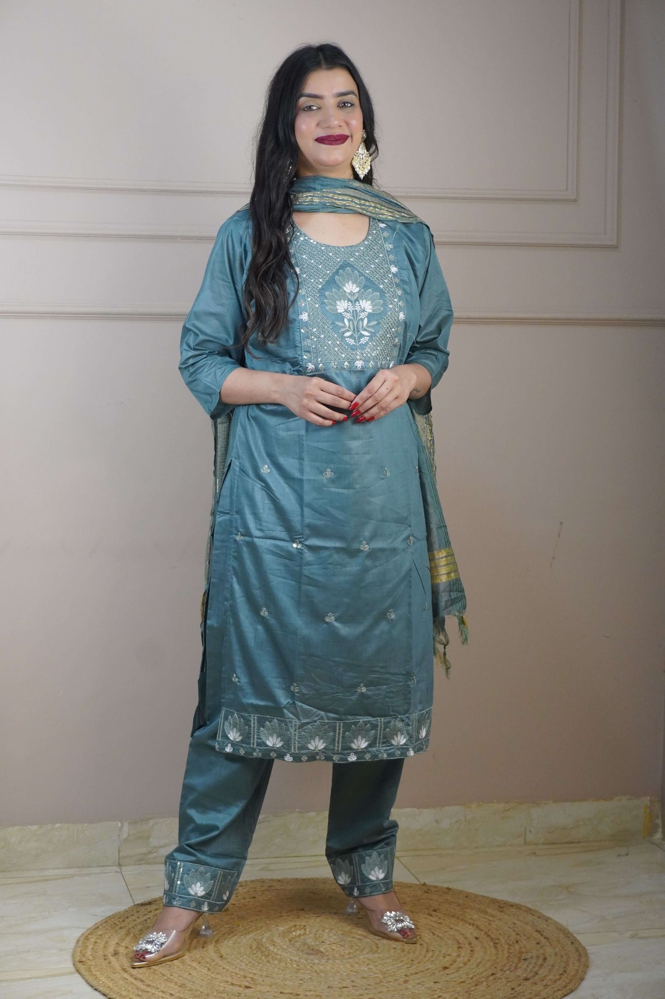 Steel Blue Colour Thread Work Straight Kurta Set with Pant & Dupatta-XXL / Steel Blue