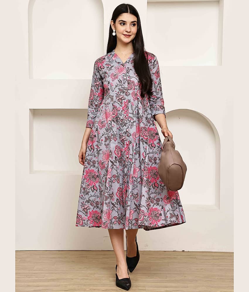 Rajnandini Women Cotton Printed A-line Dress ( Grey )