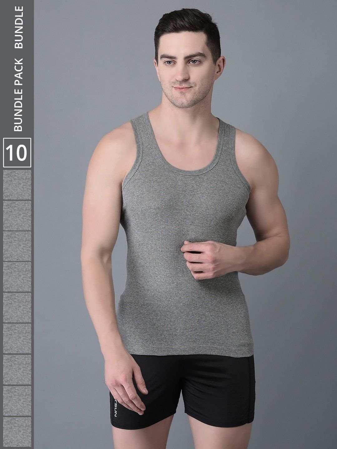 Men's Grey Pack of 10 Solid Combed Cotton Vest