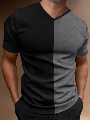 Hot Button Men's Two-Tone V-Neck T-Shirt, Black and Grey, Short Sleeve, Slim Fit
