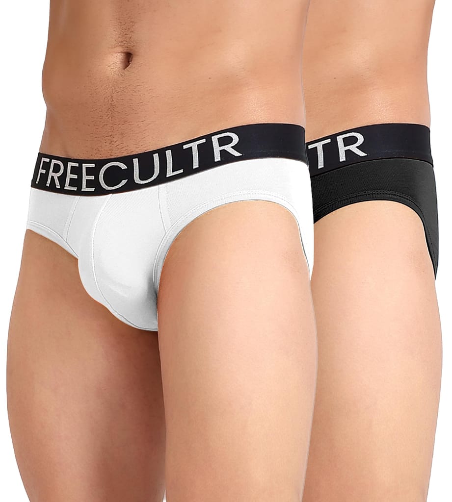 FREECULTR Men's Underwear Organic Cotton (Ultrasoft Waistband) Premium Snug-Fit Brief Pack of 2-Black,White