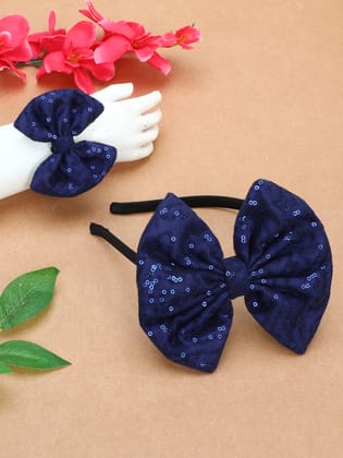 Sequins Bow Bracelet & Hairband Set -Navy Blue-one Size / Navy Blue