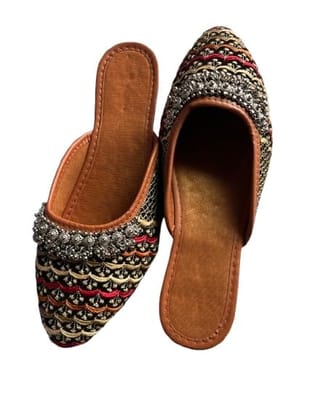 TULIP Traditional Artisians' Upliftment Livelihood Program Jaipuri Jutti Black and Gold with Ghungroo Embellished Slip-On Mules, Multicolor Sequin and Beadwork, Pointed Toe, Flat Footwear TULIP Traditional Artisians' Upliftment Livelihood Program Jaipuri Jutti Black and Gold with Ghungroo Embellished Slip-On Mules, Multicolor Sequin and Beadwork, Pointed Toe, Flat Footwear