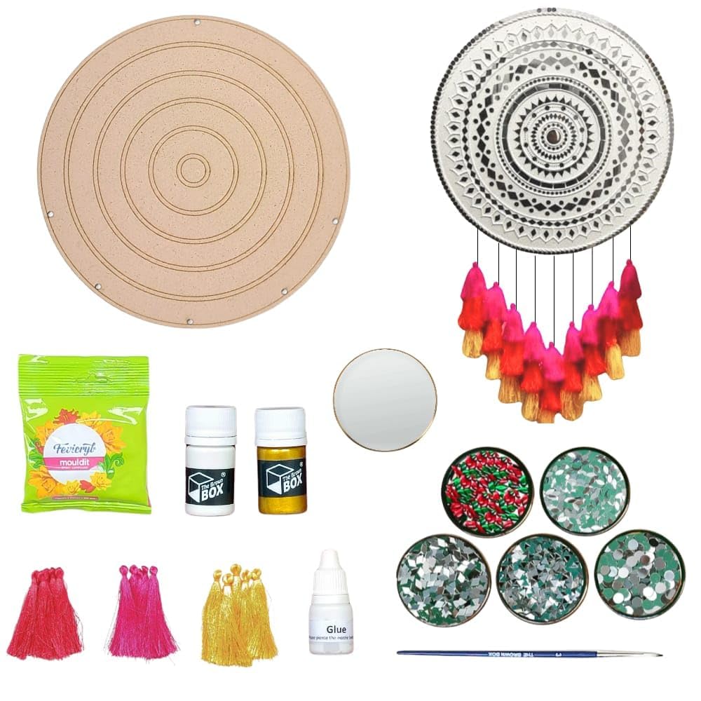 Complete Lippan Art Kit: Traditional Indian Mud Mirror Art (Lippan Kaam) DIY Set with Round MDF, Clay, Mirrors, Paint & Tassels for Ethnic Wall Hanging Home Decor - Ideal for Beginners & Adults- [The Brown Box] - Pooja Needs | Buy online on ZillyBuy