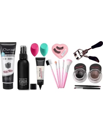 swenky makeup fixer primer eyeliner eyelash curler beuaty blender puf & makeup brush (Pack of 9)