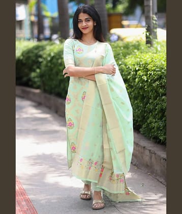 kedar fab Women Silk Blend Self Design Straight Kurti With Pants ( Mint Green )