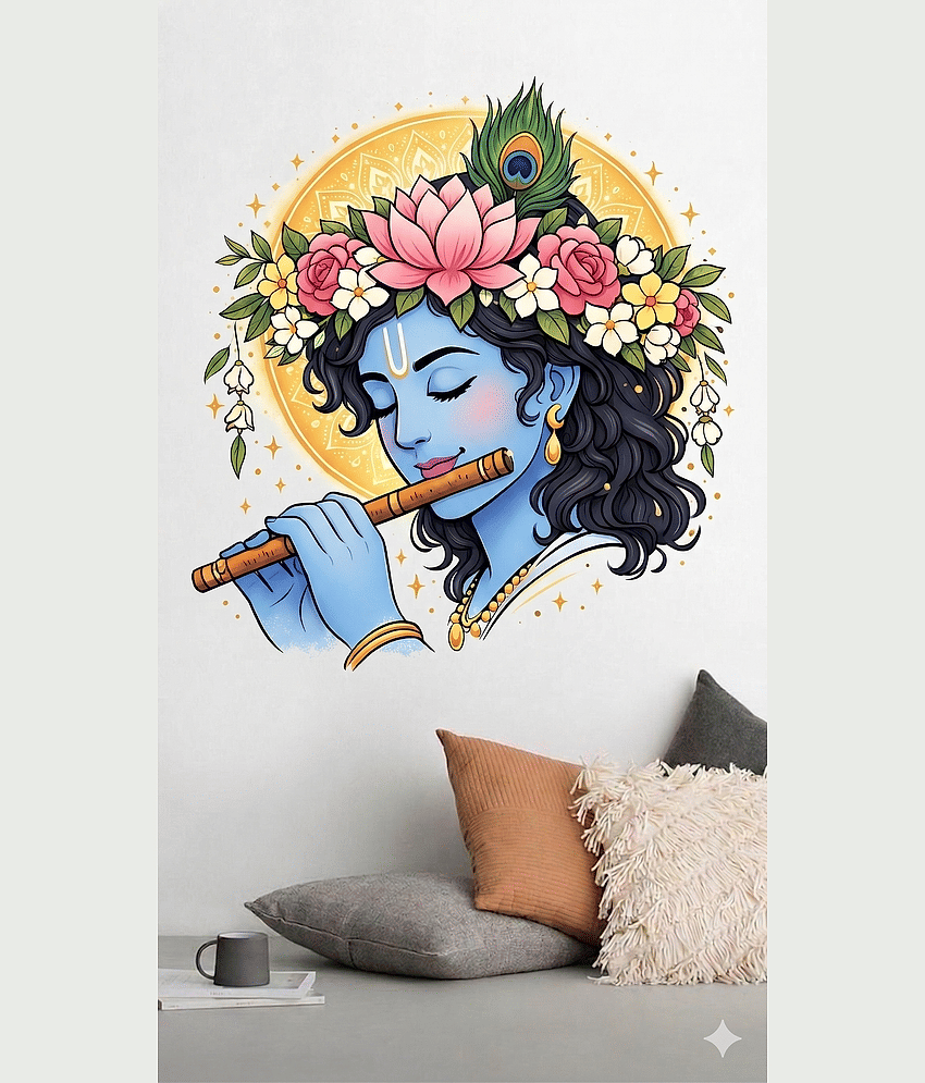 Lord Krishna Wall Sticker, Flute Playing with Floral Crown, Multicolour, 38 x 42 CM Self Adhesive Sticker (Pack of 1)