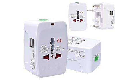 SMARTCAM Travel Adapter with Build in Charger Dual USB Ports with 125V 6A,250V Electrical Protected Plug Compatible with Laptop, Camera (White)