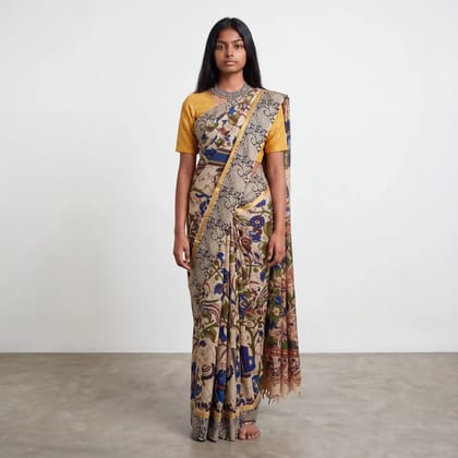 Pedana Kalamkari Print Saree Cream Base Motifs