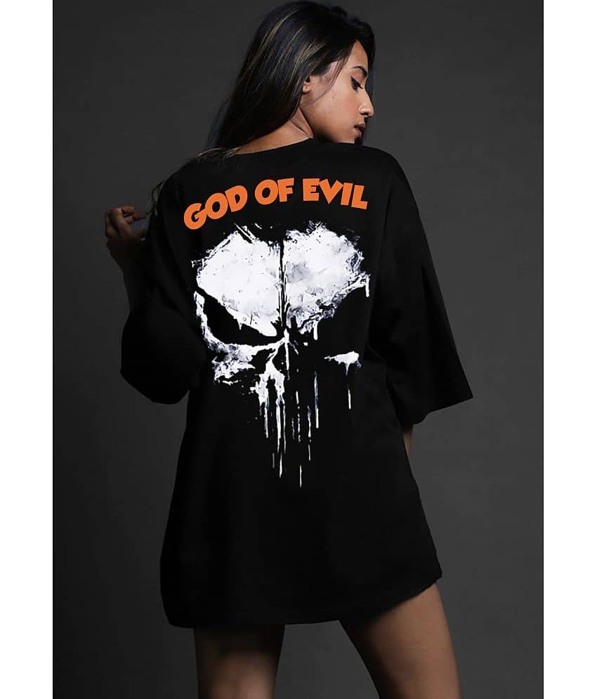 Leotude Women Cotton Blend Printed Oversized Fit Round Neck T-Shirt ( Black )