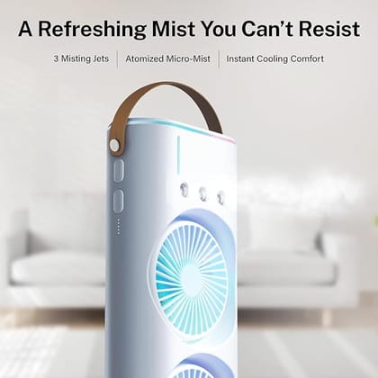 Double Fan Portable Air Cooler | 3-in-1 Mist Spray Cooling Fan with Night Light & Remote – USB Rechargeable, Ideal for Room, Office, or Bedside