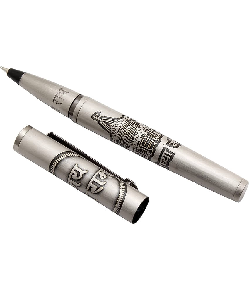 Jai Shree Ram Ayodhya Mandir Engraved On Silver Gray Metal Body Ballpoint Pen Magnetic Cap & Blue Refill