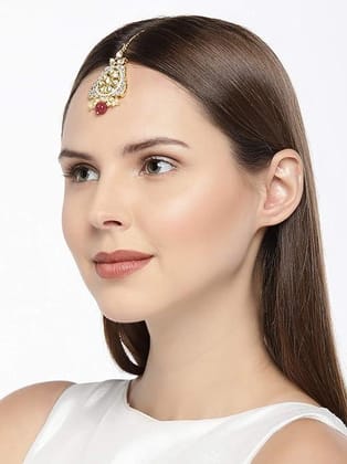 Gold Plated Pastel Pink Enamel And Kundan Maang Tika
