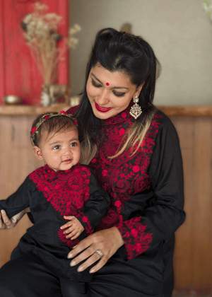Black & Red Embroidered Viscose Silk Kurta with Churidar, Girls & Women-0-6m
