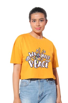 Kinnko Premium Cotton Womens Printed Crop T-Shirt  Yellow