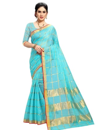 Generic Women's Kota Doria Cotton Checkered Saree with Blouse (Sky Blue, 5 - 6 Mtrs)