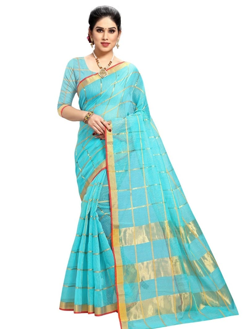 Generic Women's Kota Doria Cotton Checkered Saree with Blouse (Sky Blue, 5 - 6 Mtrs)