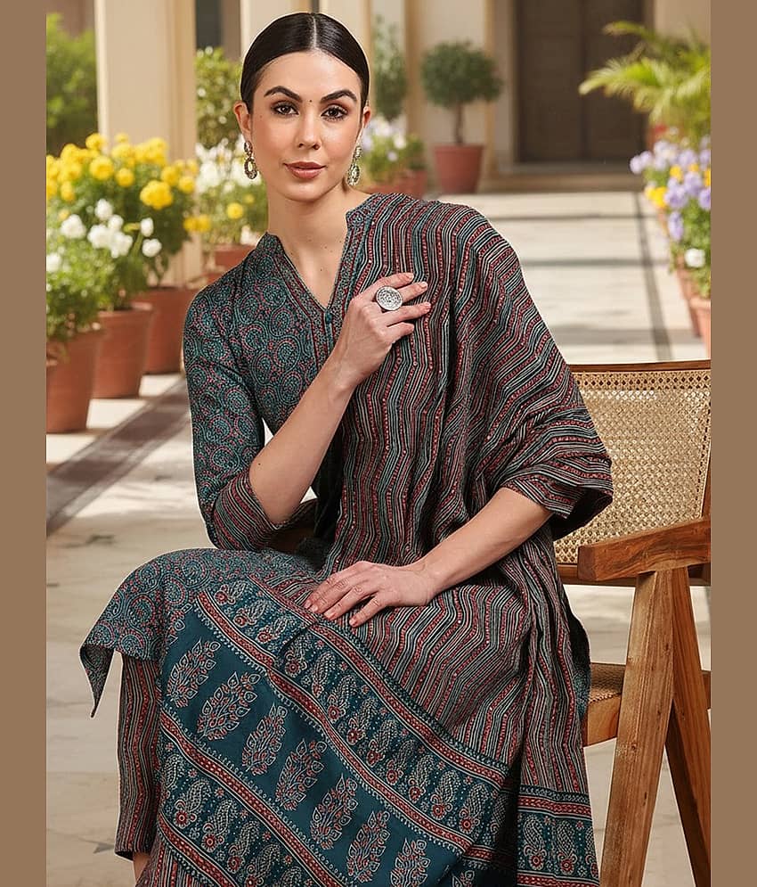 Vaamsi Women Rayon Printed Straight Kurti With Pants ( Teal )