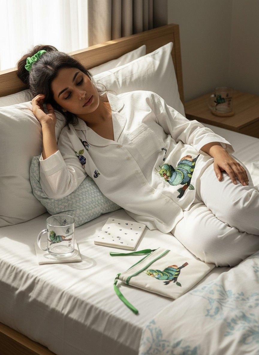 Ivvory Boutique Caterpillar Print Revere Pyjama Set (Size XS) | 100% Cotton Hand Embroidered Night Suit | Loungewear