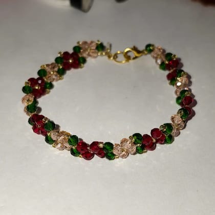 Handmade Beaded Crystal Flower Bracelete Red, Emerald Green & Champagne Sparkle