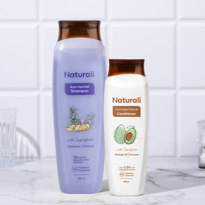 Naturali Anti-Hairfall Shampoo + Damage Repair Conditioner | With Rosemary, Korean Ginseng and Biotin-370ml + 180ml