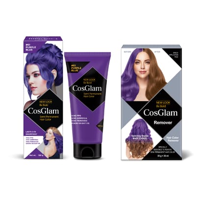 COSGLAM Semi Permanent Hair Color Purple Blue 120g and Hair Color Remover 70ml, Switching Shades Made Easy