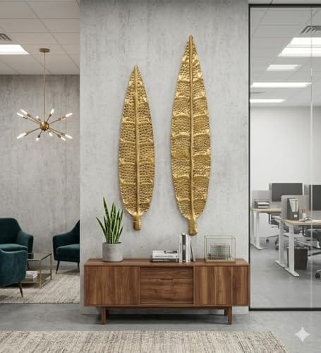 Wall Art Set of 2 | Textured Golden Finish Decorative Wall Hanging for Living Room & Office | Size 38.5 x 7.8 Inch