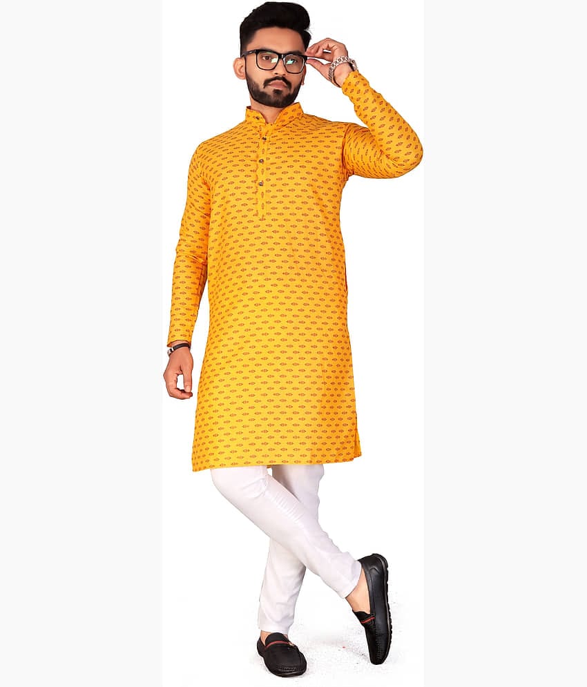 FRELURO Yellow Cotton Blend Men's Regular Kurta ( Pack of 1 )