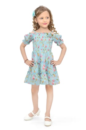 Be:Kids Blossom Bliss Blue Floral Smocked Dress with Puff Sleeves