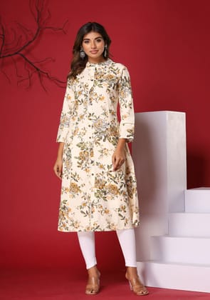 Off White Floral Print A-Line Kurta-3XL