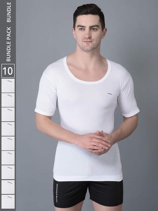 Men's White Pack of 10 Solid Combed Cotton Shrinkless Vest