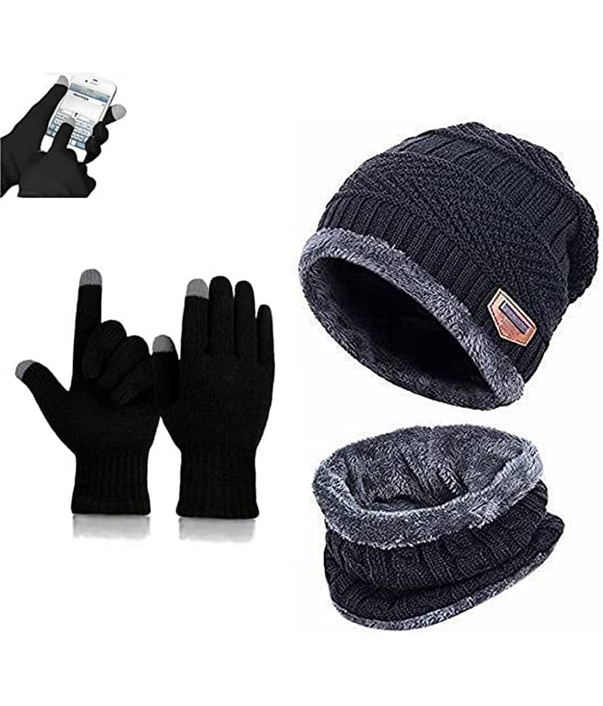 BAYEMA Pack of 3 Woollen Men's Cap ( Black )
