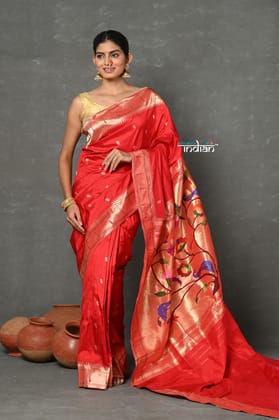 Tyohaar~Designed By VMI ~ Handloom Pure Silk Muniya Borde with Peacock Parrot  Pallu in Bright Red