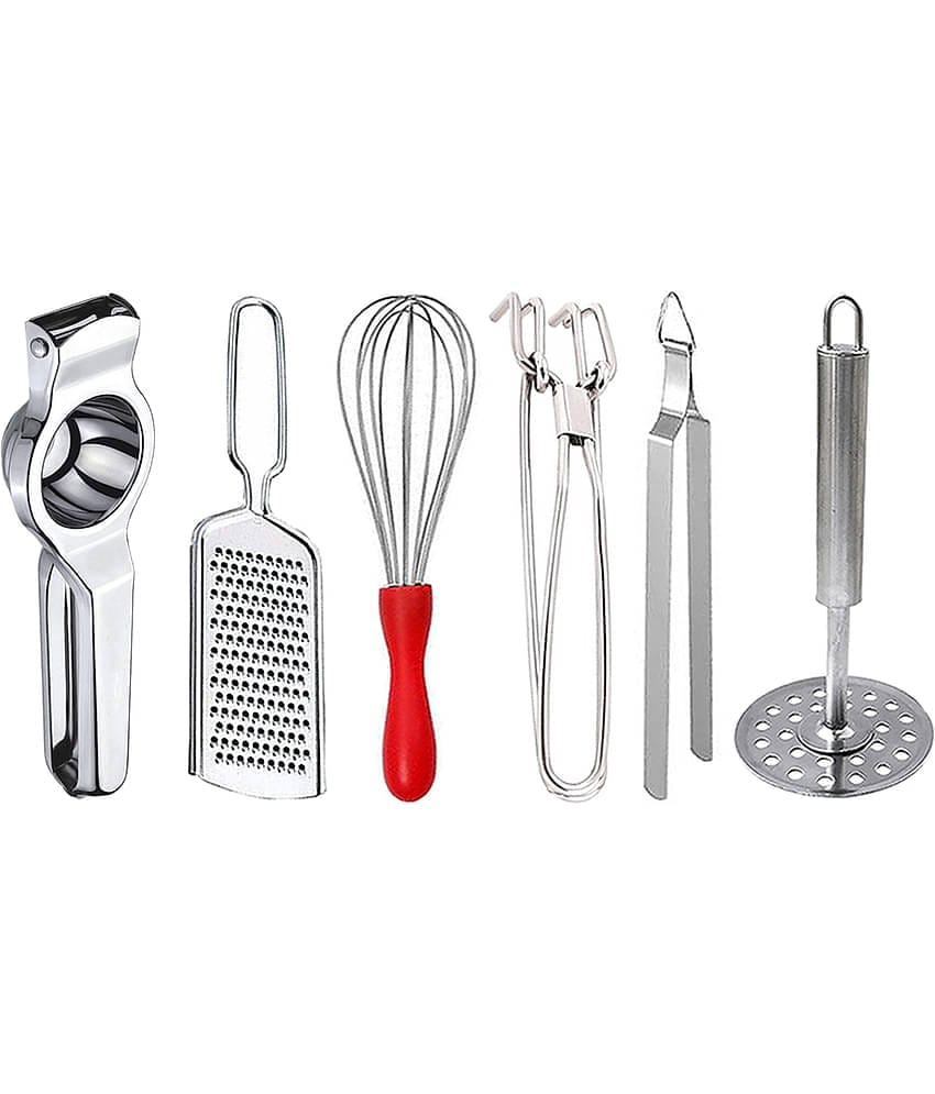 OC9 Silver Stainless Steel Lemon+Cheese Grater+Whisk+Pakkad+Chimta+Masher ( Set of 6 )