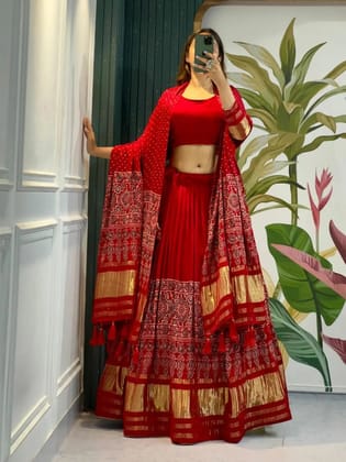 Modal Authentic Hand Blocked Ajrakh work Navratri Special Chaniya Choli-Free Size [Alterable 38-44] / Red