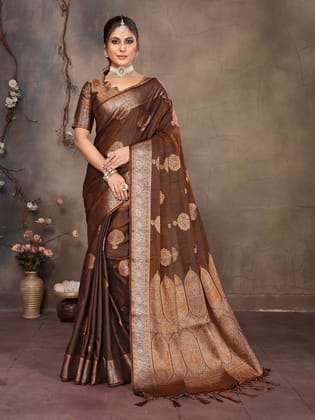Copper Fendi Satin Silk Banarasi Jacquard Butta Work Saree With Woven Designed Border