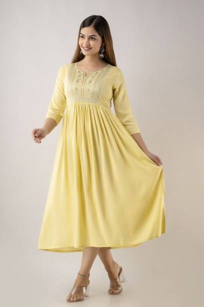 Women Printed Viscose Rayon Flared Kurta  (Yellow)