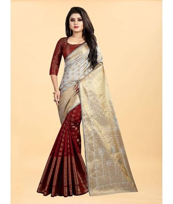 Gazal Fashions Banarasi Silk Embellished Saree With Unstitched Blouse Piece ( Cream )