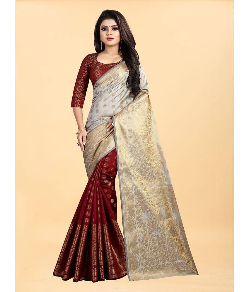 Gazal Fashions Banarasi Silk Embellished Saree With Unstitched Blouse Piece ( Cream )