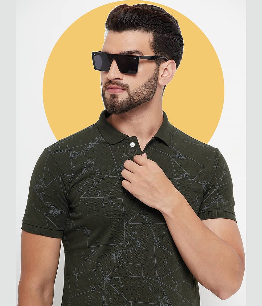 RELANE Pack of 1 Cotton Blend Regular Fit Printed Half Sleeves Men's Polo T Shirt ( Olive )