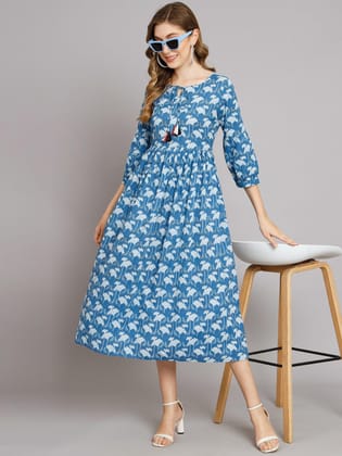 Women Blue Parrot Print Flared Cotton Pocket Dress-XXL