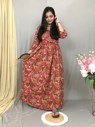 Pink - Palm Leafs Print - Maternity Kurti with Feeding Zips - Soft Rayon-40 - 42 ( L - XL )